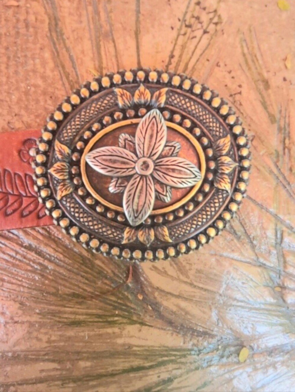 Fossil Belt - Brown, Ornate Floral Oval Belt Buckle With Small Silver Studs
